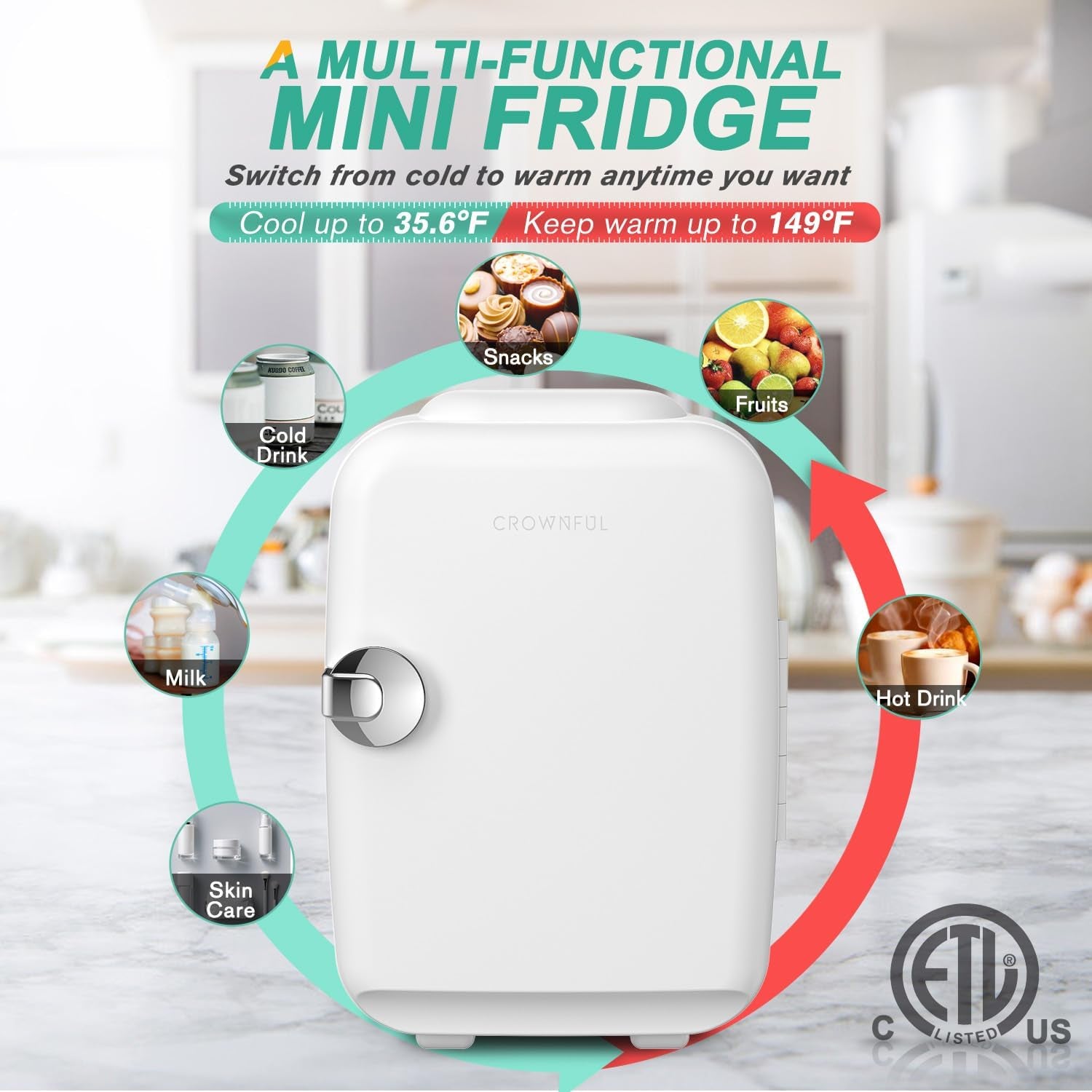 Mini Fridge, 4 Liter/6 Can Portable Cooler and Warmer Personal Refrigerator for Skin Care, Cosmetics, Beverage, Food,Great for Bedroom, Office, Car, Dorm, ETL Listed (White)