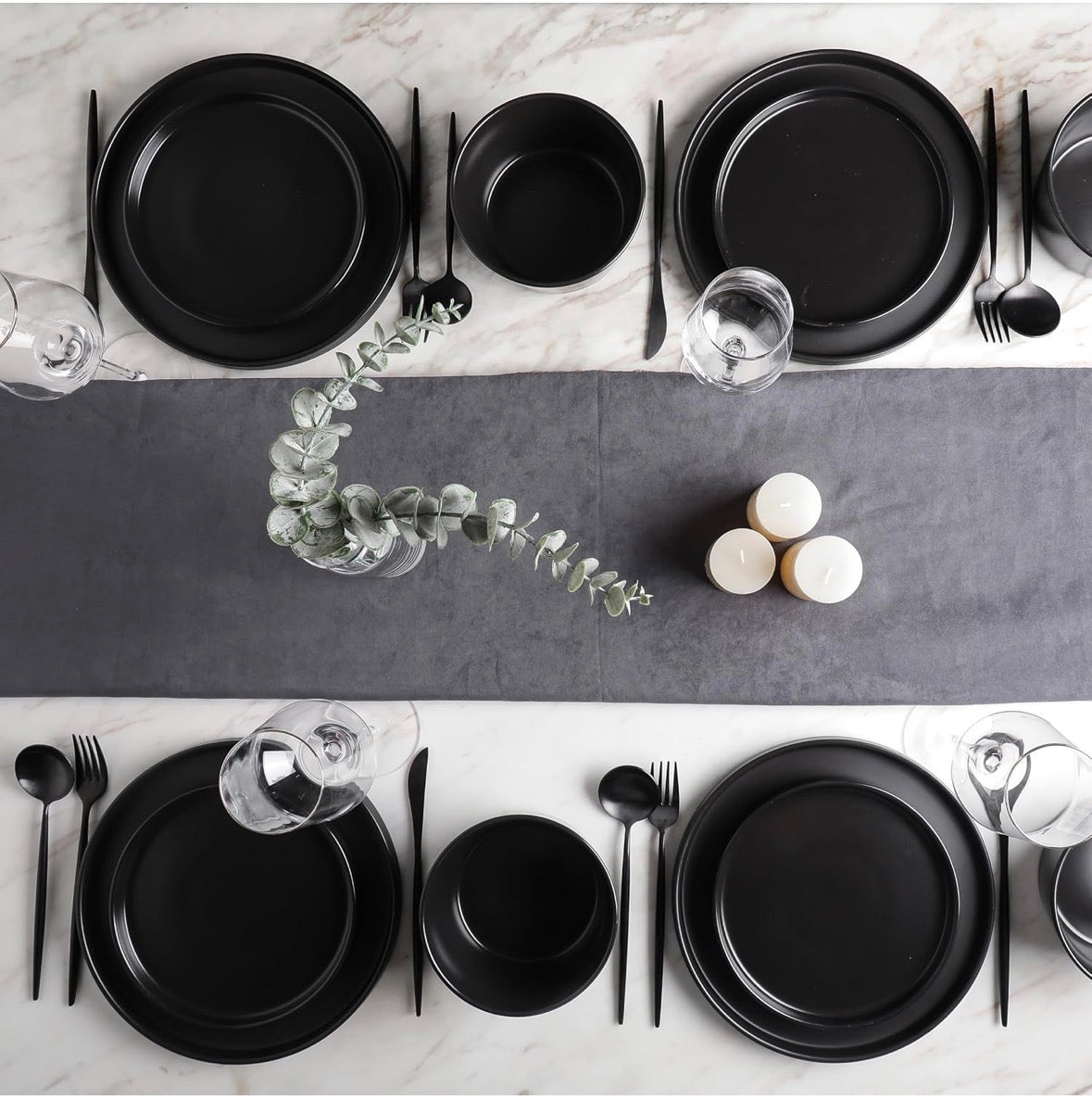 Stone Lain Celina 16-Piece Stoneware Round Dinnerware Set, Service for 4 - Black Matte Plates, Bowls and Dish, Service for 4 – Minimalist Round Style, Microwave & Dishwasher Safe