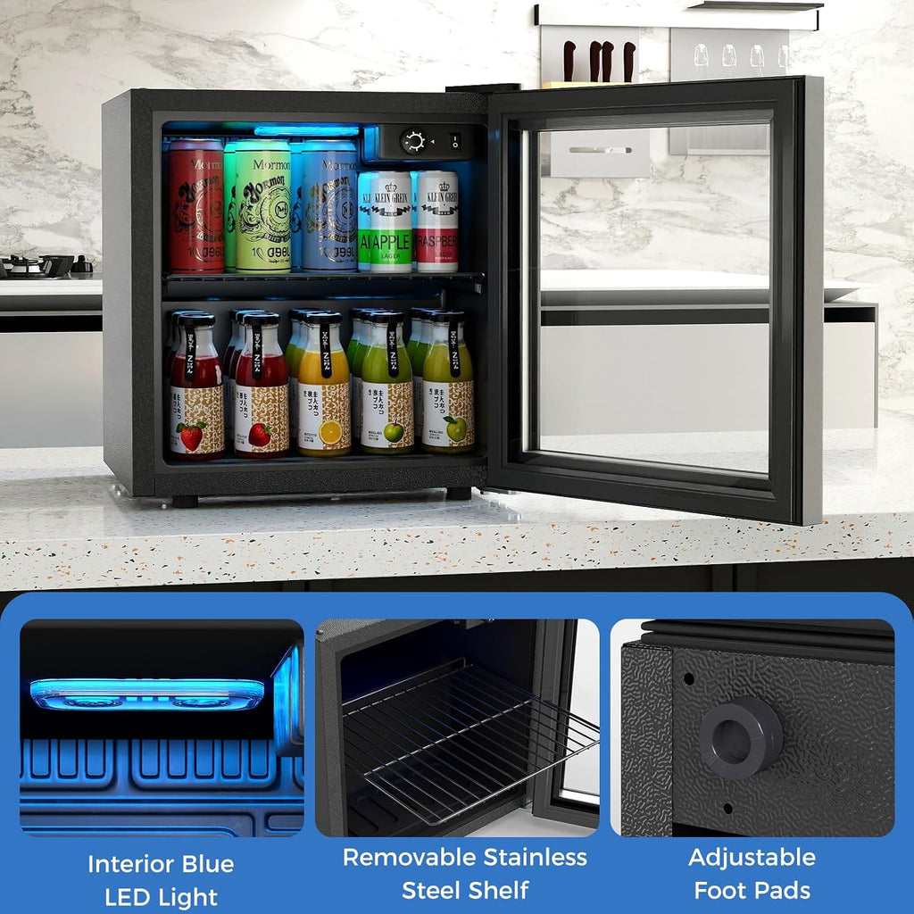 Beverage Refrigerator Cooler, 1.3 Cu. Ft. 12 Bottles 55 Cans Mini Fridge with Tempered Glass Door, Removable Shelf & Adjustable Temperatures, Compact Drink Cooler for Wine, Beer & Soda