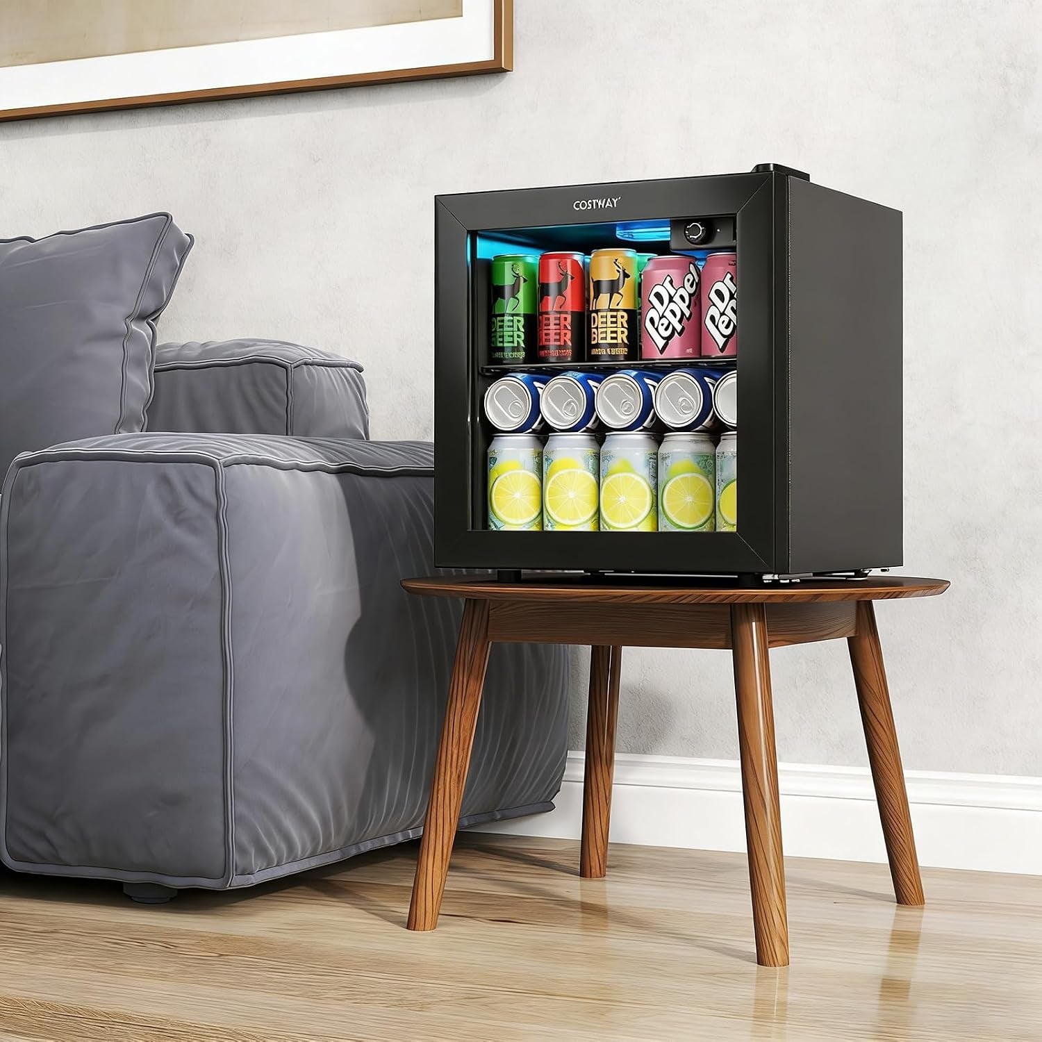 Beverage Refrigerator Cooler, 1.3 Cu. Ft. 12 Bottles 55 Cans Mini Fridge with Tempered Glass Door, Removable Shelf & Adjustable Temperatures, Compact Drink Cooler for Wine, Beer & Soda