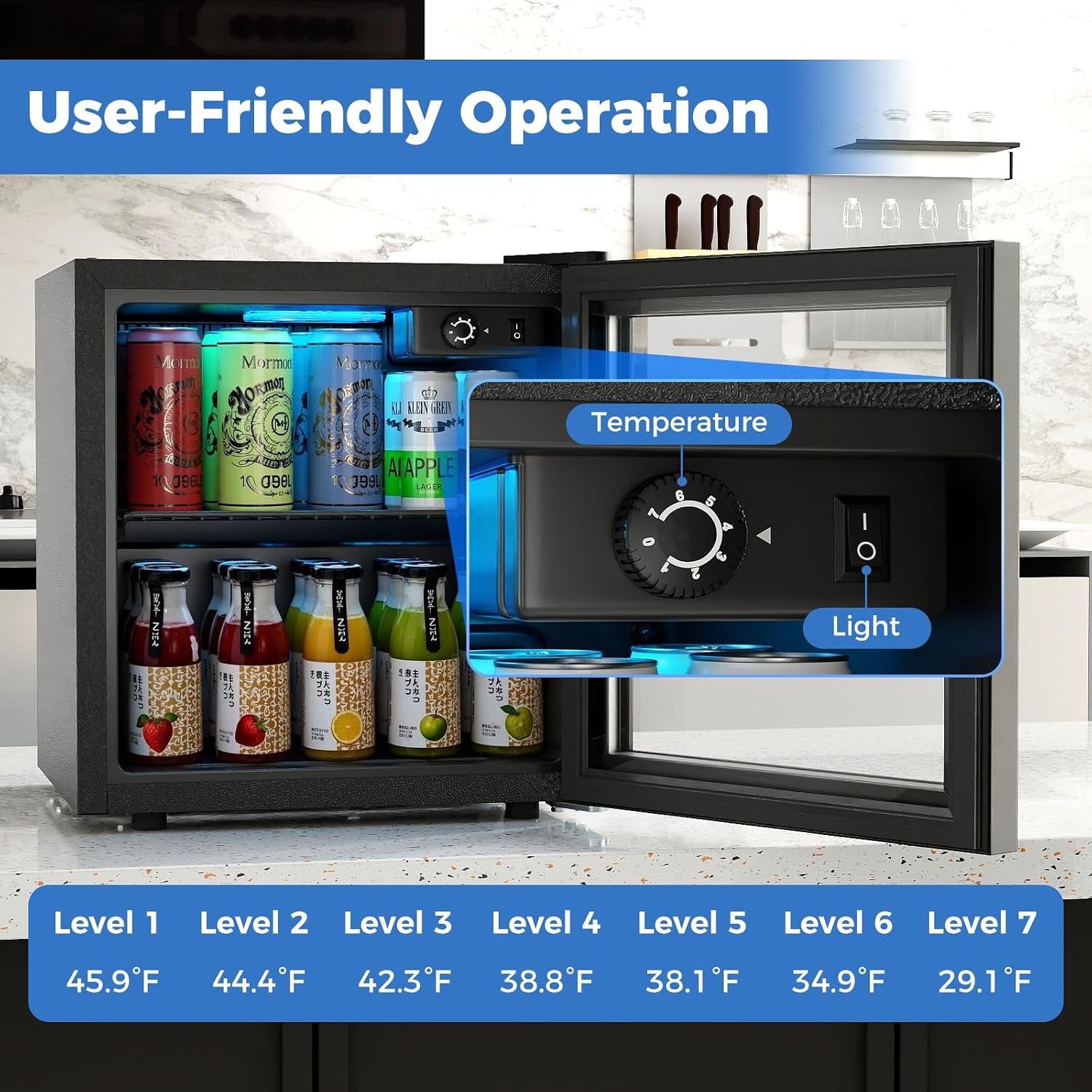Beverage Refrigerator Cooler, 1.3 Cu. Ft. 12 Bottles 55 Cans Mini Fridge with Tempered Glass Door, Removable Shelf & Adjustable Temperatures, Compact Drink Cooler for Wine, Beer & Soda