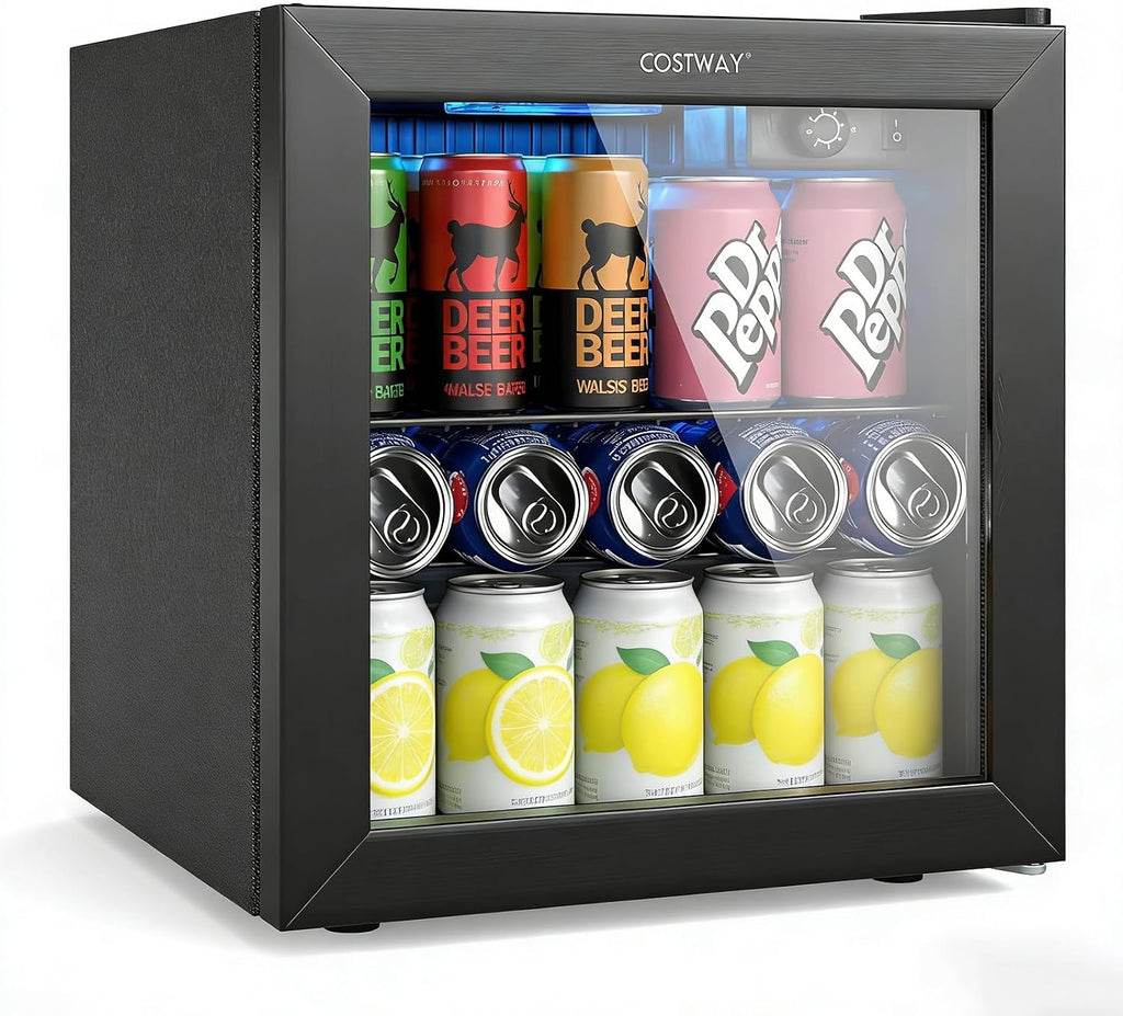 Beverage Refrigerator Cooler, 1.3 Cu. Ft. 12 Bottles 55 Cans Mini Fridge with Tempered Glass Door, Removable Shelf & Adjustable Temperatures, Compact Drink Cooler for Wine, Beer & Soda
