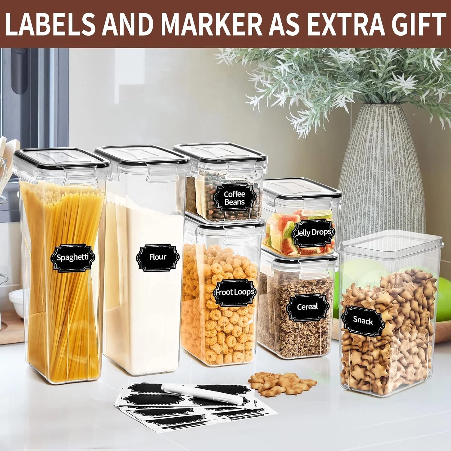 Airtight Food Storage Containers Set with Lids - 24 PCS, BPA Free Kitchen and Pantry Organization, Plastic Leak-Proof Canisters for Cereal Flour & Sugar - Labels & Marker