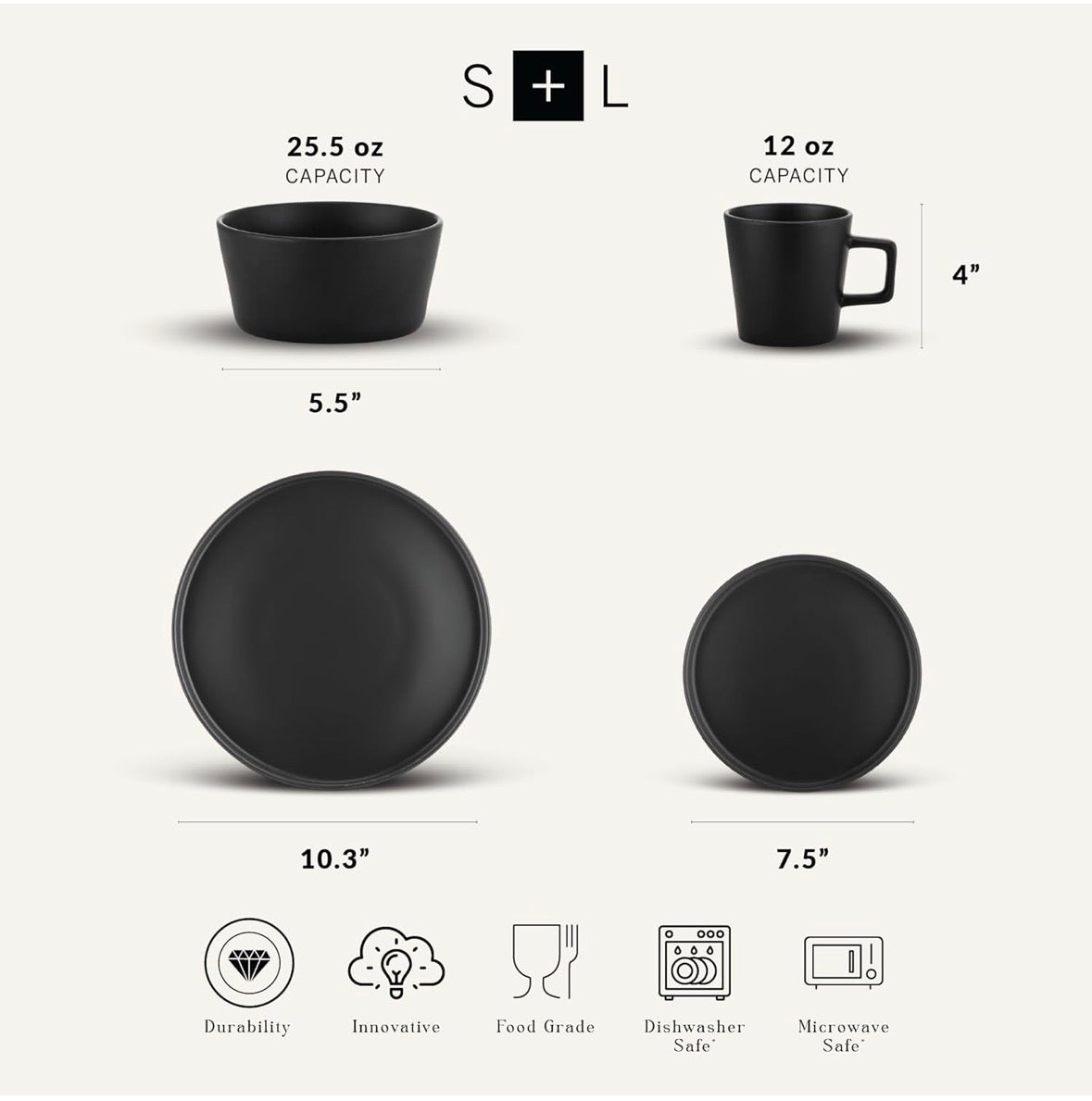 Stone Lain Celina 16-Piece Stoneware Round Dinnerware Set, Service for 4 - Black Matte Plates, Bowls and Dish, Service for 4 – Minimalist Round Style, Microwave & Dishwasher Safe