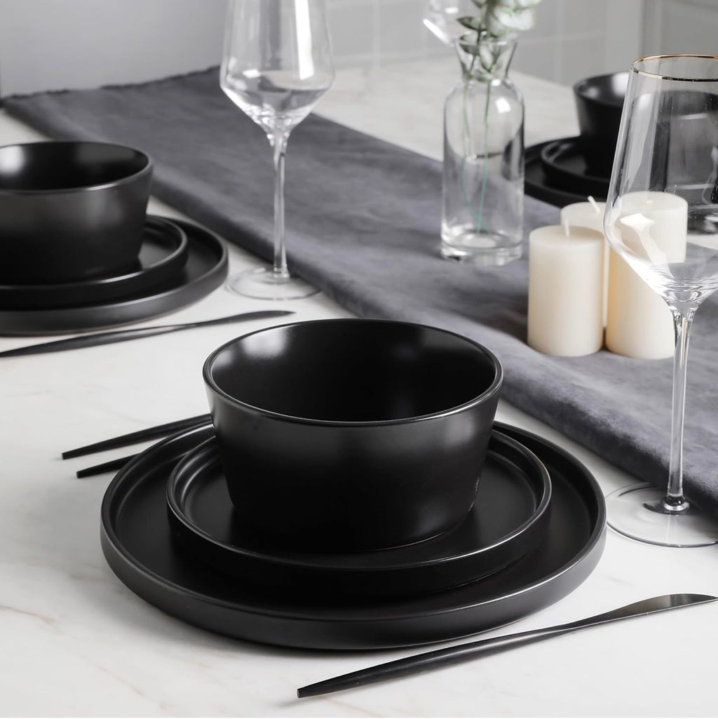 Stone Lain Celina 16-Piece Stoneware Round Dinnerware Set, Service for 4 - Black Matte Plates, Bowls and Dish, Service for 4 – Minimalist Round Style, Microwave & Dishwasher Safe