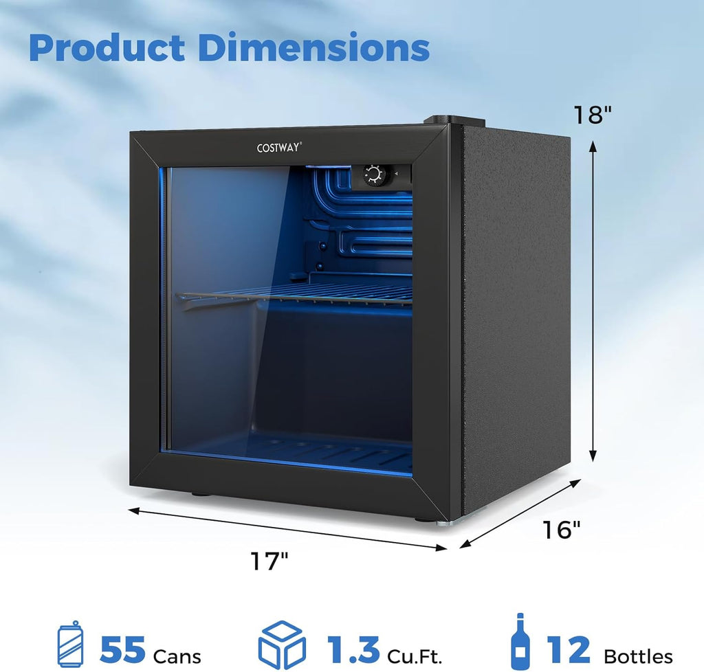 Beverage Refrigerator Cooler, 1.3 Cu. Ft. 12 Bottles 55 Cans Mini Fridge with Tempered Glass Door, Removable Shelf & Adjustable Temperatures, Compact Drink Cooler for Wine, Beer & Soda