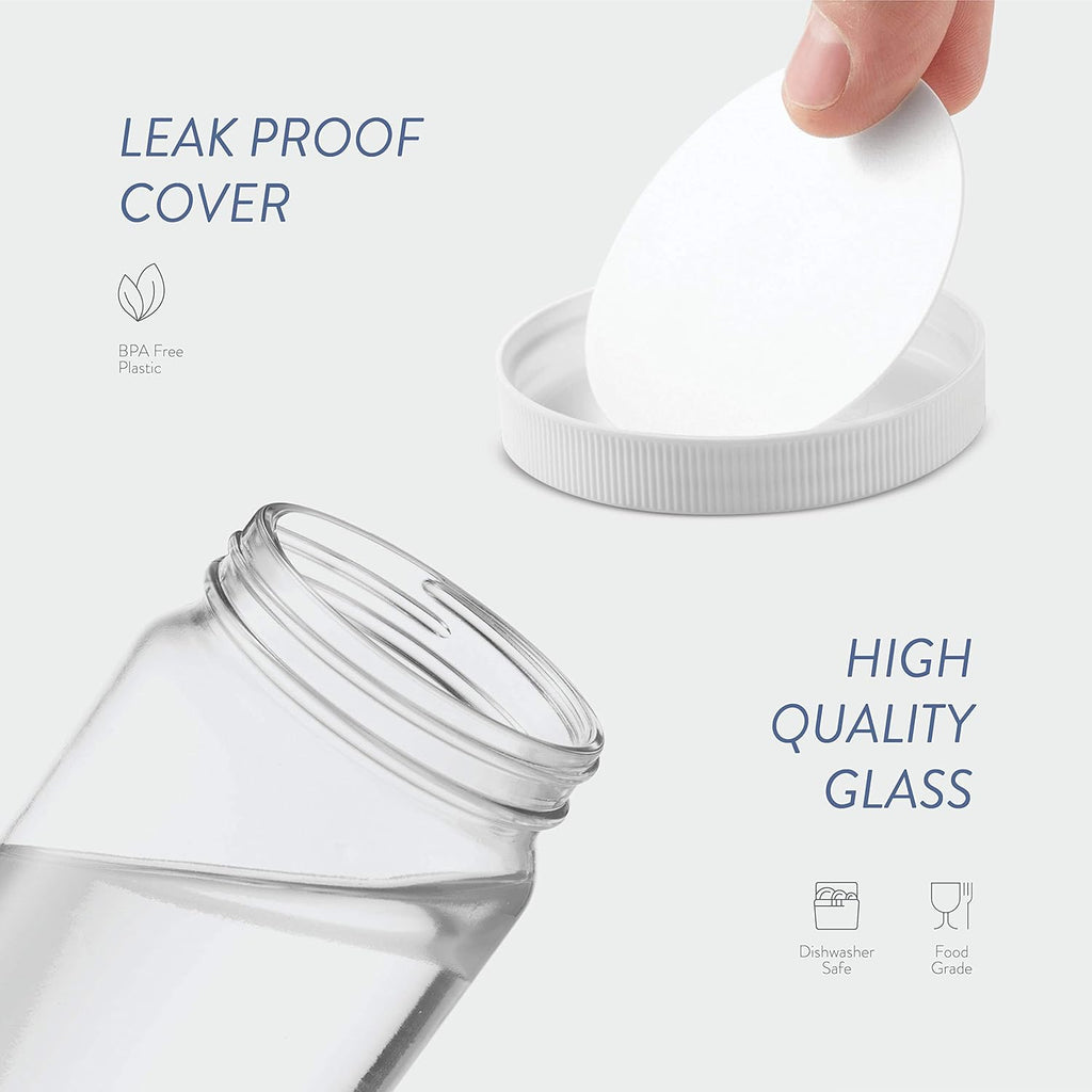 Travel Drinking Bottle 16 Ounce [6 Pack] Plastic Airtight Lids, Reusable, Glass Water Bottle for Juicing, Smoothies, Kombucha, Tea, Milk , Homemade Beverages